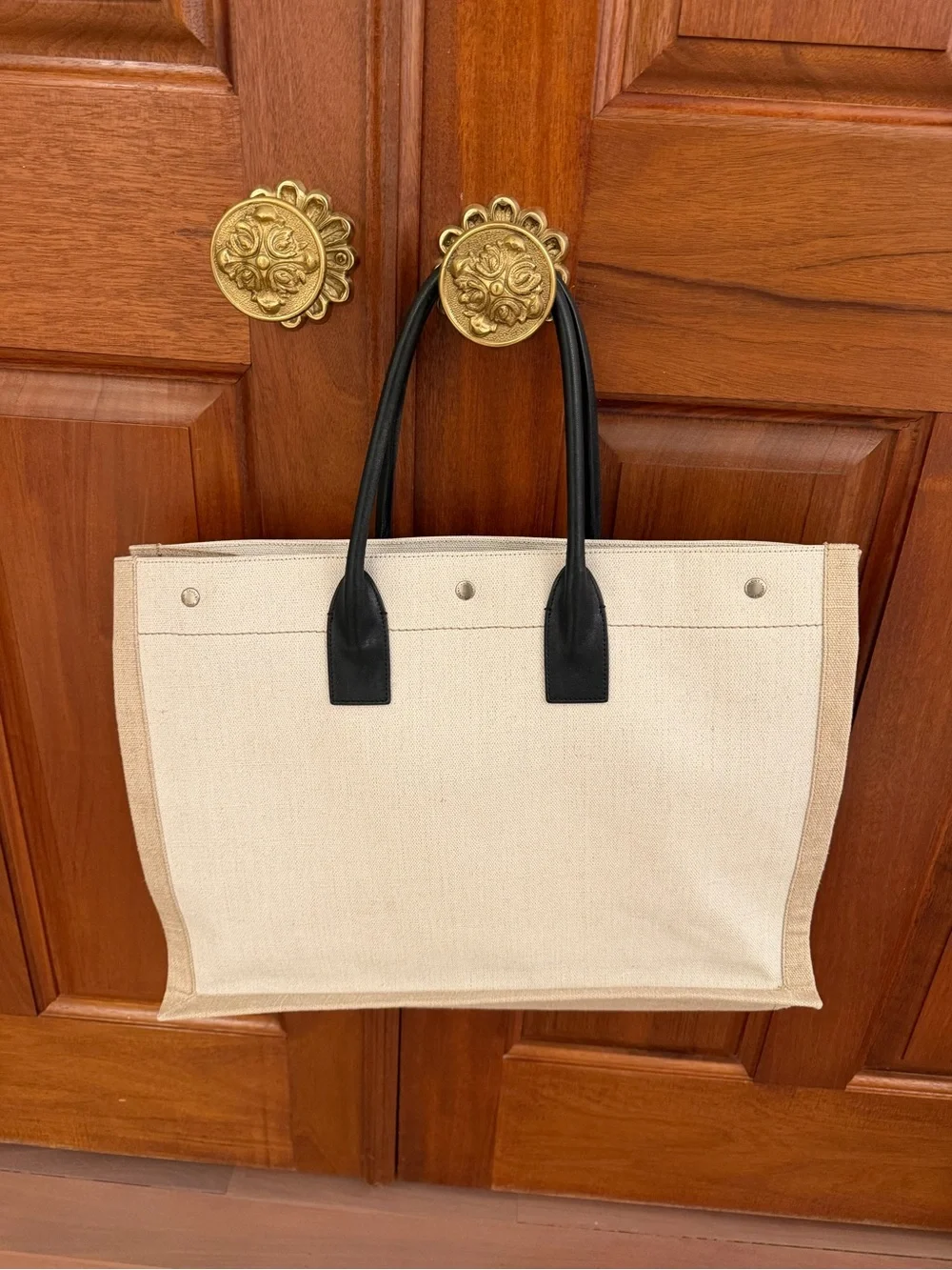 NWOT Yves Saint Laurent Beige Canvas Rive Gauche Tote with Black Handles